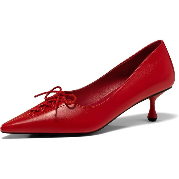 🆕Women Red Faux Leather Kitten Heels Strappy Bow Pointed Toe Dress Pumps - Picture 1 of 7
